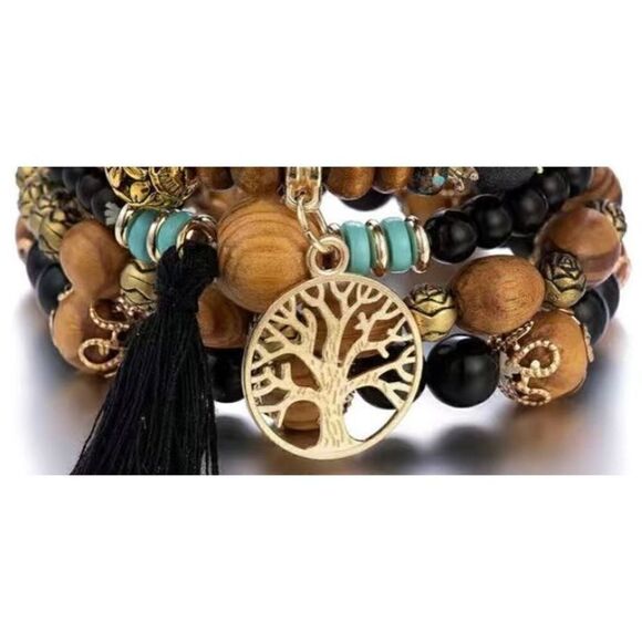 NWT 4 PC Multilayered Brown Wooden Boho Round Beaded Bracelet Jewelry Set - Picture 4 of 4